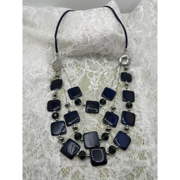 Navy Blue Square & Round Beaded 3-Tier Necklace - Picture 5 of 10